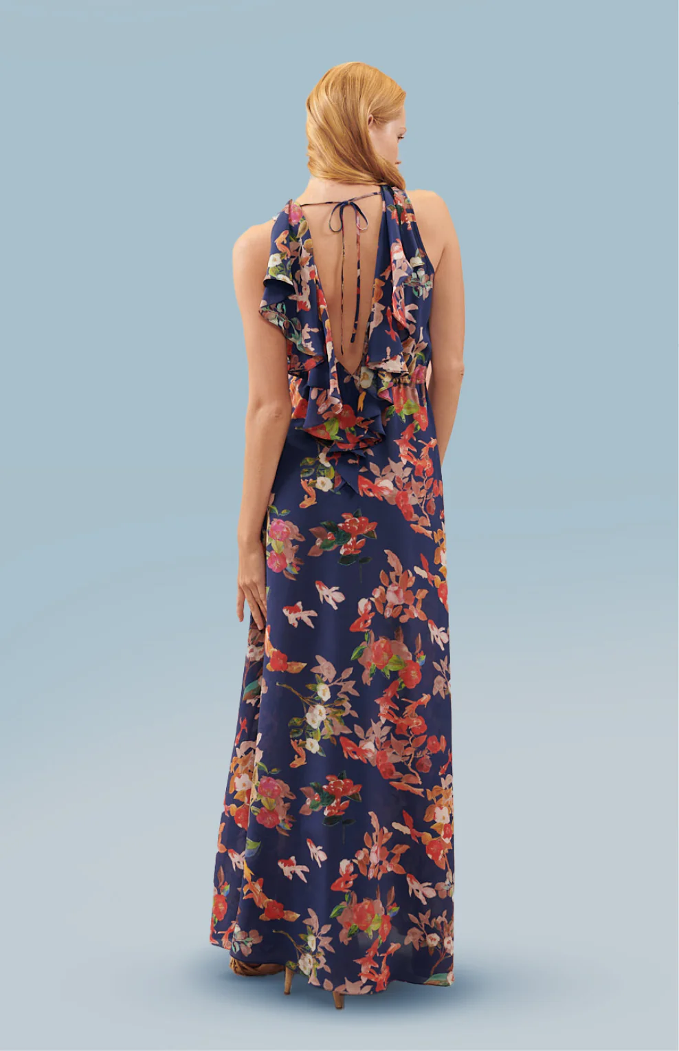 Vestido en seda estampado "Estanque peces y camelias" - Image 3
